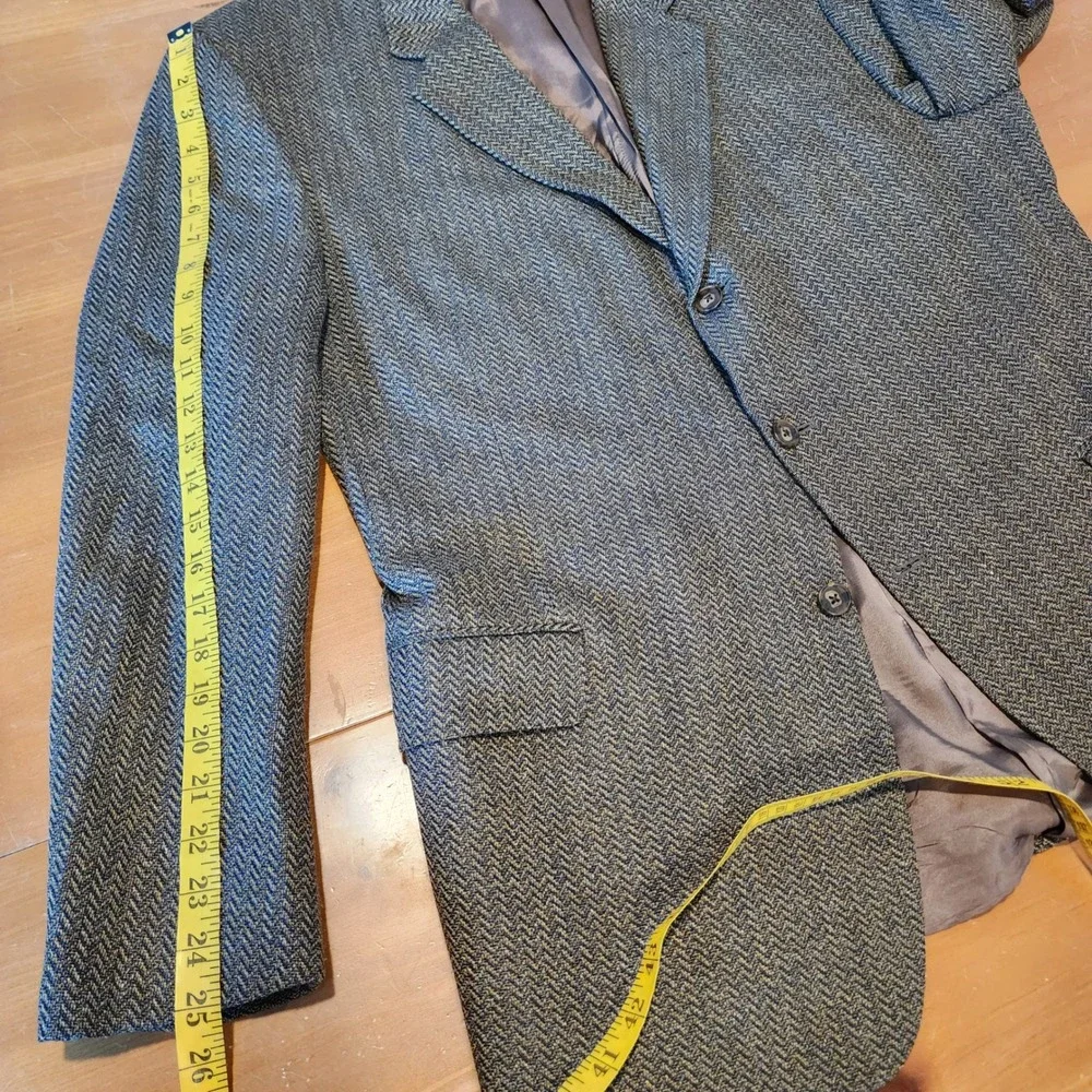 Joseph Abboud Patrick James Silk Wool Herringbone Blazer 46R Brown Vintage Work